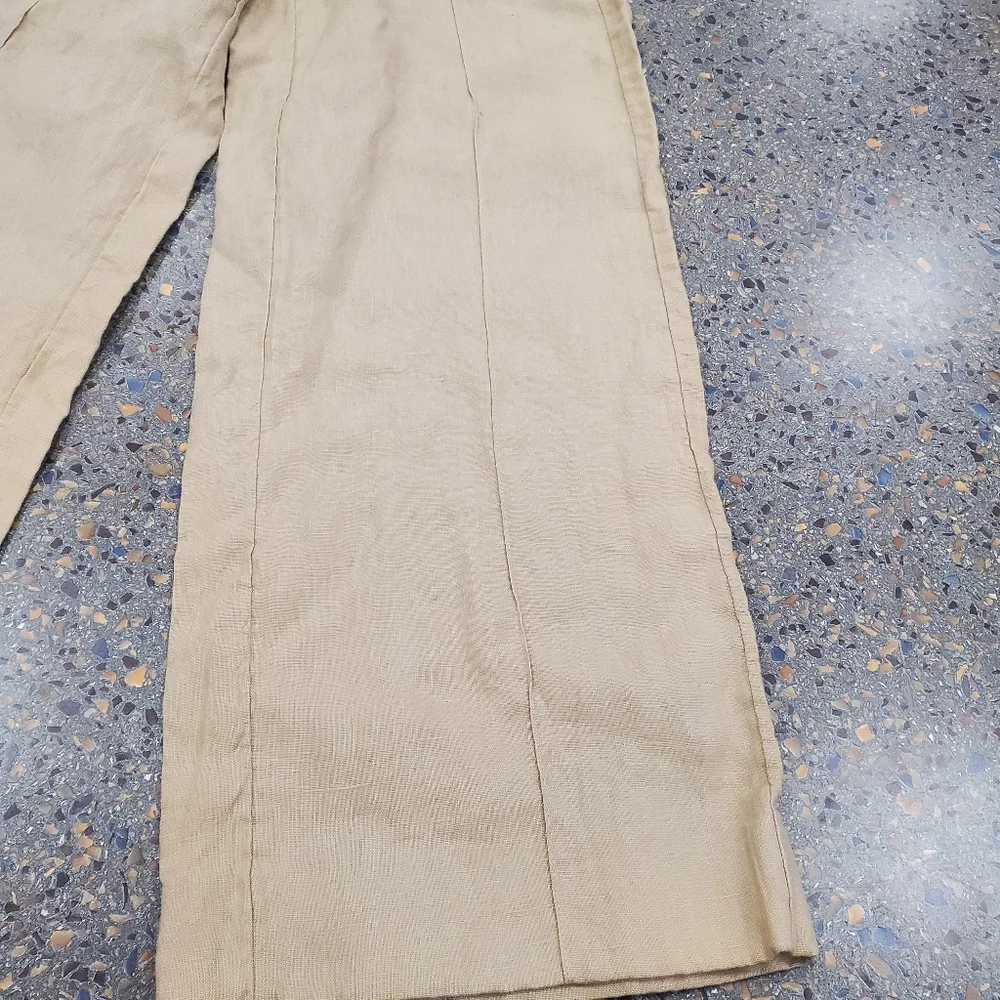 Cos Neutral Beige Linen Blend Pleat Front Straight Wide Leg Trousers Size 2